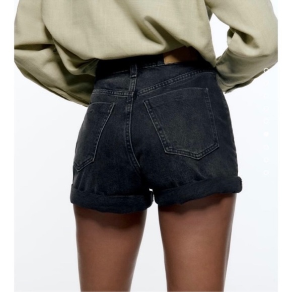 Zara black rigid denim high waisted mom shorts 2 - Picture 2 of 9